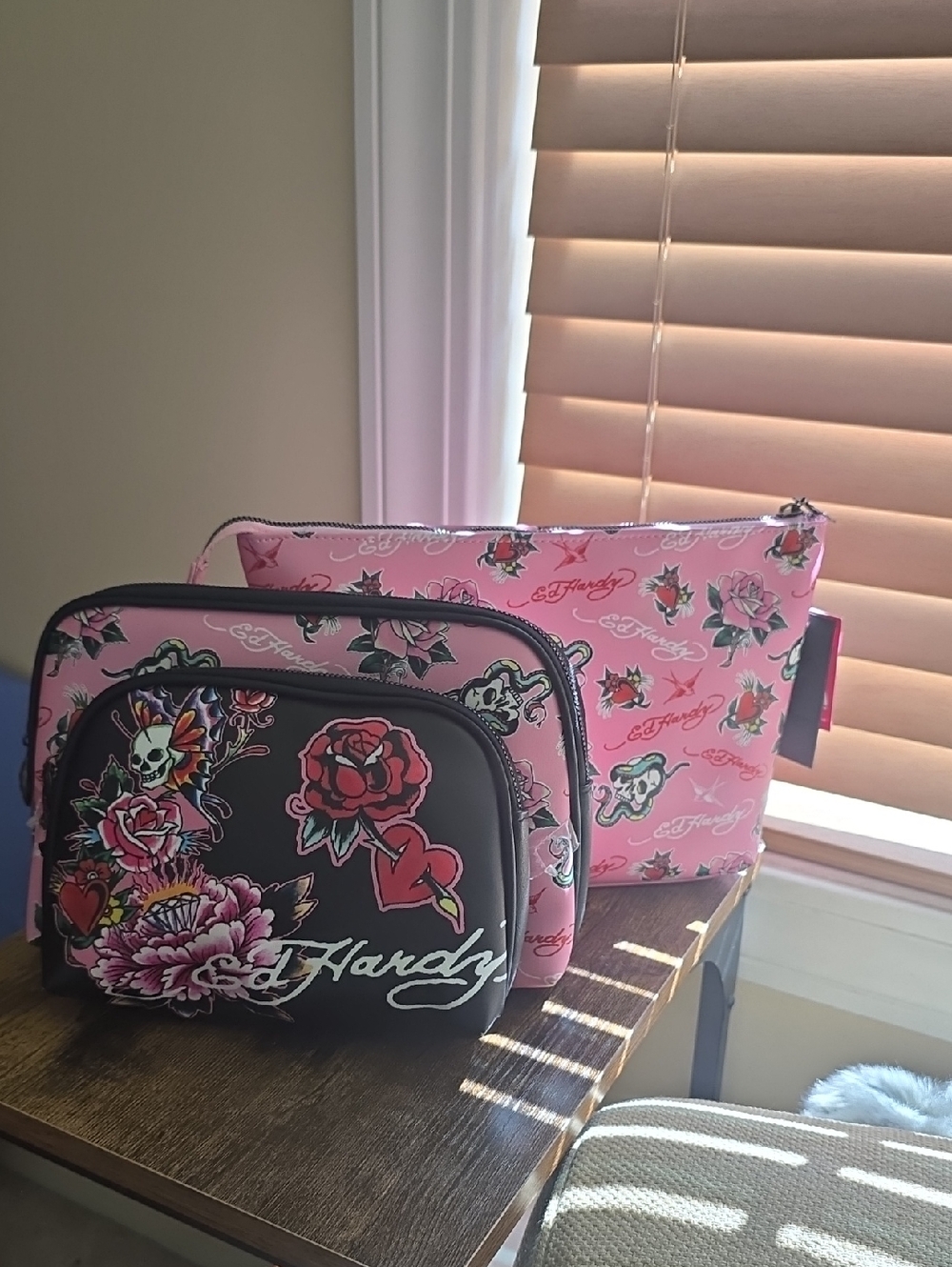 Ed Hardy Pink & Black Floral Skull Cosmetic Pouch Set